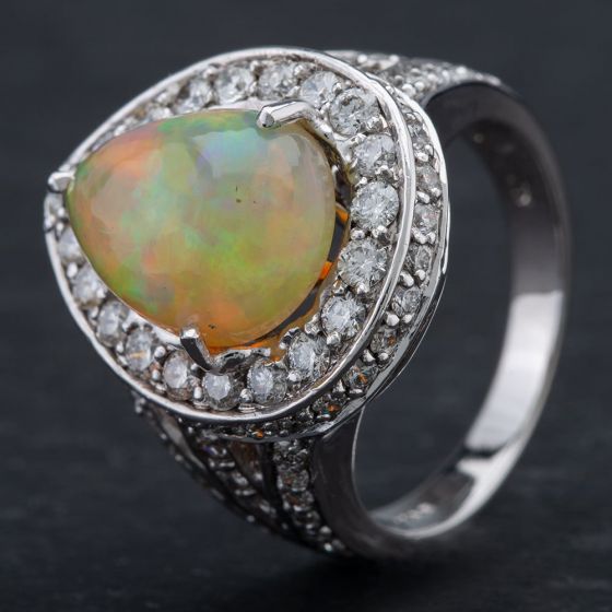 Second Hand 14ct White Gold 3.11ct Opal & 1.51ct Diamond Cluster Ring 4338017