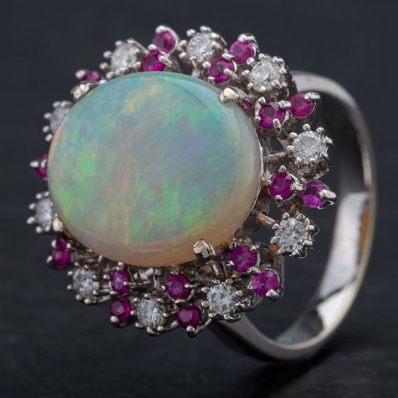 Second Hand 14ct White Gold Ruby Diamond Opal Cluster Ring 4338020