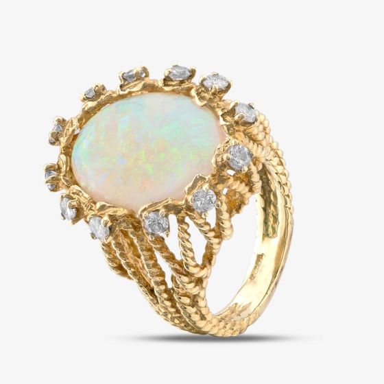 Second Hand 9ct Yellow Gold Oval Opal & Brilliant Cut Diamond Cluster Ring 43381008
