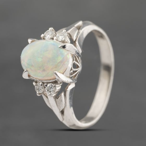 Second Hand Platinum Opal & 0.12ct Brilliant Cut Diamond Dress Ring 43381017
