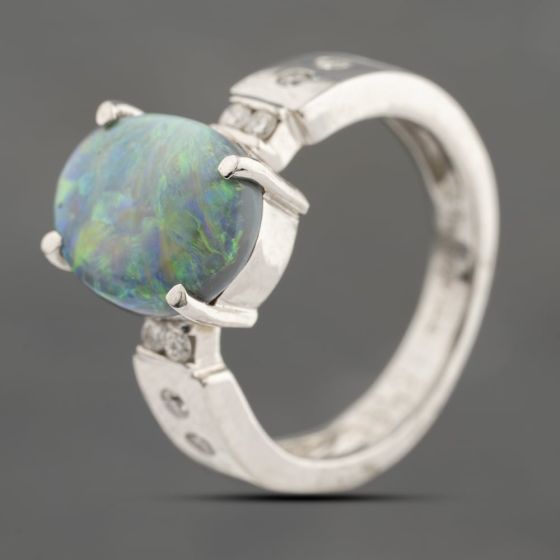 Second Hand Platinum 2.06ct Black Opal & 0.15ct Brilliant Cut Diamond Oval Dress Ring 43381019