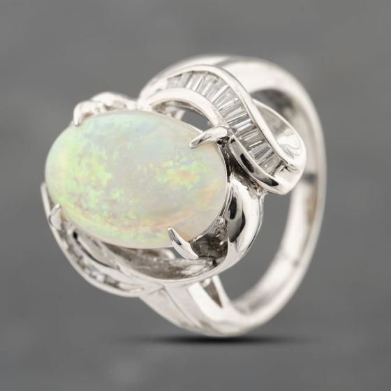 Second Hand Platinum Opal & 0.42ct Baguette Cut Diamond Oval Dress Ring 43381034
