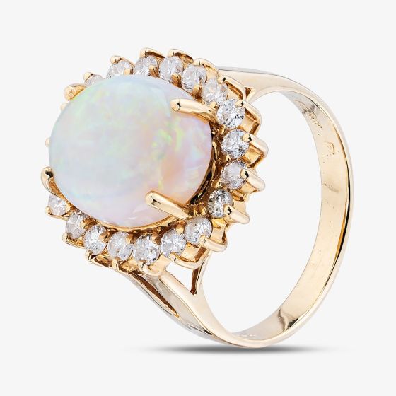 Second Hand 14ct Yellow Gold Opal & Brilliant Cut Diamond Oval Cluster Ring 43381036