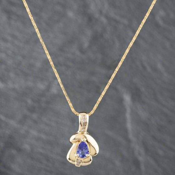 Second Hand 14ct Yellow Gold 1.00ct Tanzanite & 0.18ct Brilliant Cut Diamond Pear Shaped Pendant & 16 Inch Herringbone Chain 4314155112