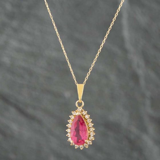 Second Hand 9ct Yellow Gold 2.20ct Pink Tourmaline & 0.33ct Brilliant Cut Diamond Pear Shape Pendant & 16 Inch Prince Of Wales Chain 431415711