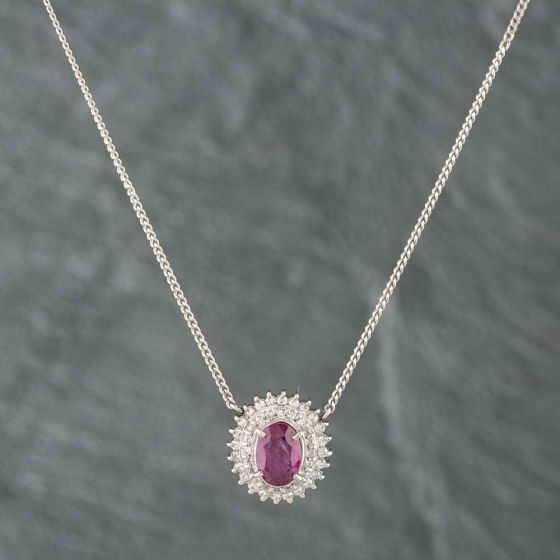 Second Hand Platinum 1.78ct Ruby & 0.39ct Brilliant Cut Diamond Oval Cluster Pendant & 16 Inch Curb Chain 431415712