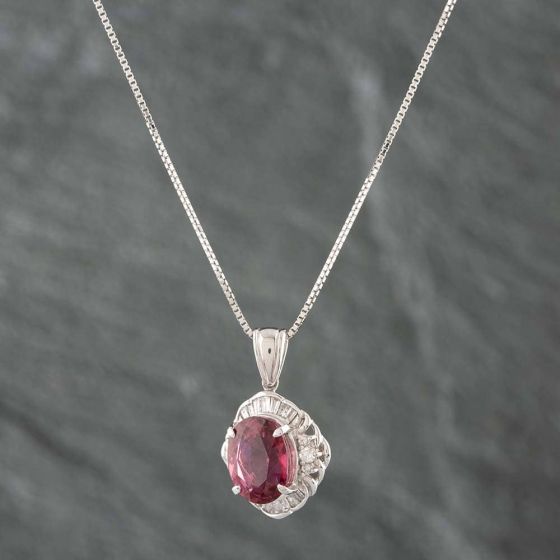 Second Hand Platinum 3.65ct Pink Tourmaline & 0.38ct Diamond Oval Cluster Pendant & 16-18 Inch Box Chain 43141578