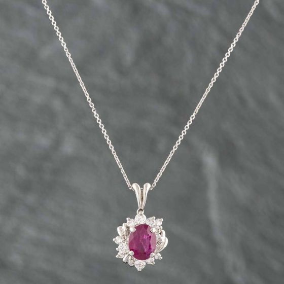 Second Hand Platinum 2.36ct Ruby & 0.48ct Brilliant Cut Diamond Oval Cluster Pendant & 16 Inch Trace Chain 43391579