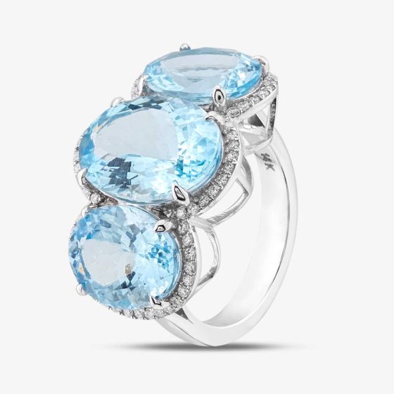 Second Hand 14ct White Gold Oval Cut Aquamarine & Brilliant Cut Diamond Triple Cluster Ring 43401000