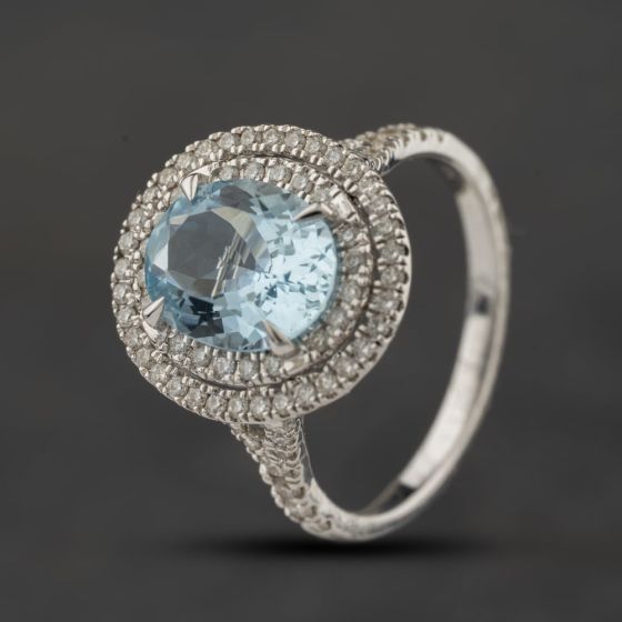 Second Hand 9ct White Gold 2.10ct Aquamarine & 0.45ct Diamond Oval Cluster Ring 43401023