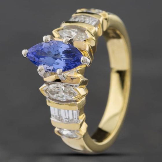 Second Hand 14ct Yellow Gold 0.086ct Marquise Cut Tanzanite & Diamond Dress Ring 43411008