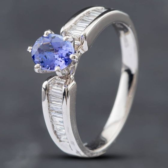 Second Hand 14ct White Gold 0.66ct Oval Cut Tanzanite & Baguette Cut Diamond Dress Ring 43411011