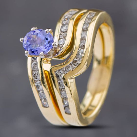 Second Hand 14ct Yellow Gold 0.67ct Tanzanite & 0.60ct Brilliant Cut Diamond Twist Bridal Set Ring 43411013