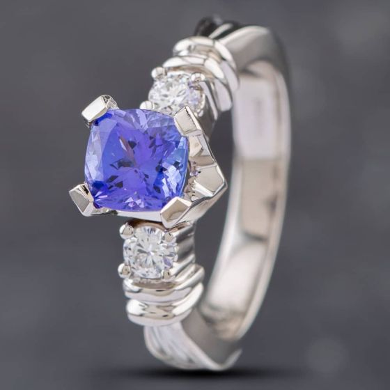 Second Hand 18ct White Gold 1.14ct Cushion Cut Tanzanite & 0.20ct Brilliant Cut Diamond Three Stone Ring 43411014