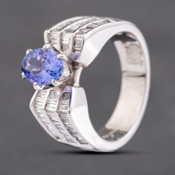 Second Hand 14ct White Gold Tanzanite & 0.75ct Baguette Cut Diamond Dress Ring 43411030