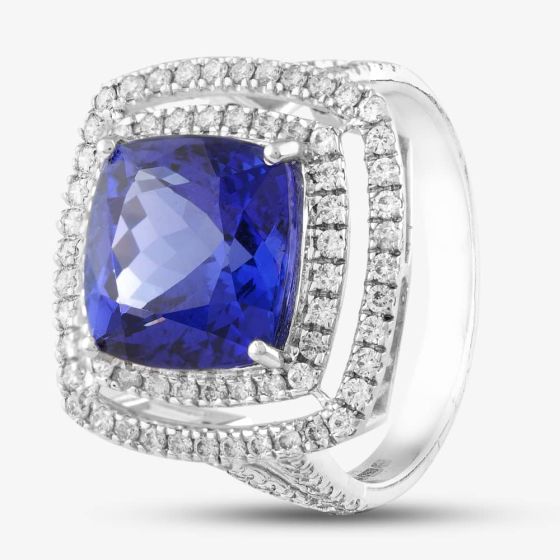 Second Hand 18ct White Gold 6.45ct Tanzanite & 0.80ct Brilliant Cut Diamond Cushion Shape Cluster Ring 4341155230