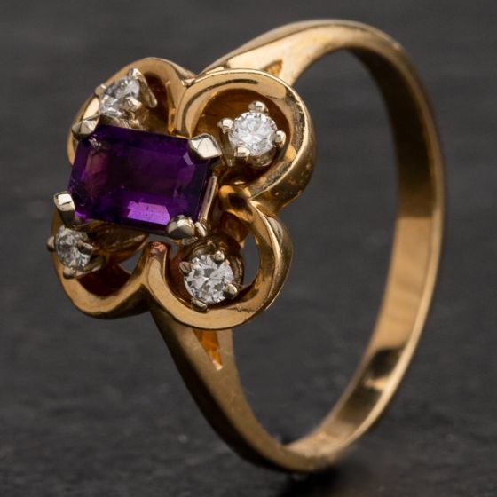Second Hand 14ct Yellow Gold Amethyst Diamond Fancy Ring 4342008