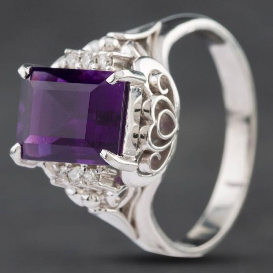 Second Hand Platinum Amethyst & Brilliant Cut Diamond Rectangle Cut Dress Ring 4342019