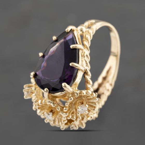 Second Hand 9ct Yellow Gold Amethyst & Brilliant Cut Diamond Pear & Flower Cluster Ring 43421000
