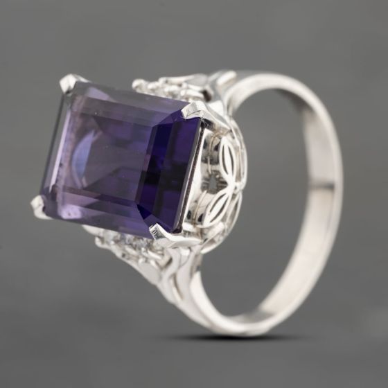 Second Hand Platinum Amethyst & 0.08ct Diamond Rectangular Dress Ring 43421008