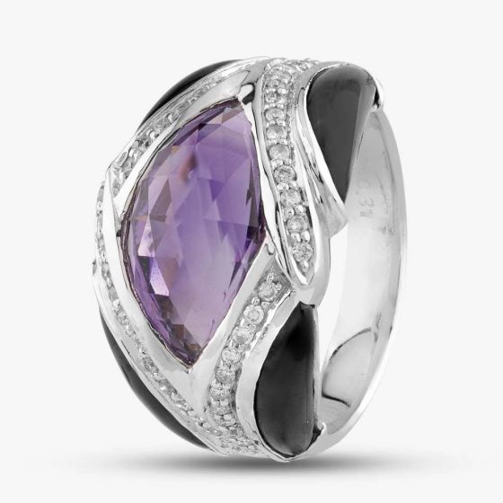 Second Hand 18ct White Gold Amethyst & 0.31ct Brilliant Cut Diamond & Onyx Dress Ring 434215641