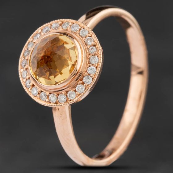 Second Hand 14ct Rose Gold 0.75ct Citrine & 0.14ct Brilliant Cut Diamond Round Cluster Ring 4343006