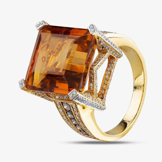 Second Hand 18ct Yellow Gold 13.50ct Citrine & 1.50ct Diamond Large Shoulder Set Solitaire Ring 4343008