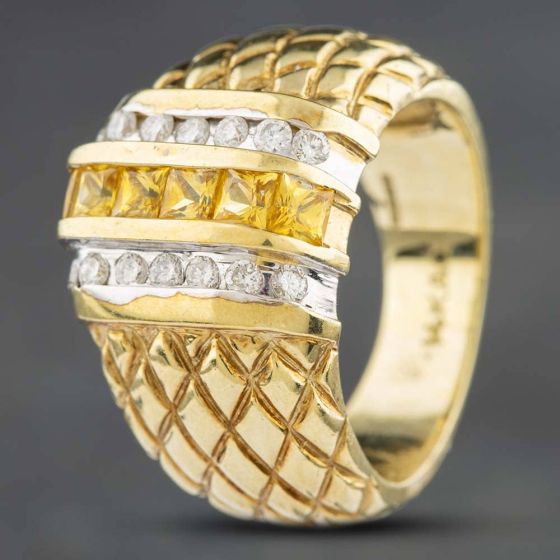 Second Hand 14ct Yellow Gold Yellow Sapphire & 0.30ct Brilliant Cut Diamond Three Row Dress Ring 434315616