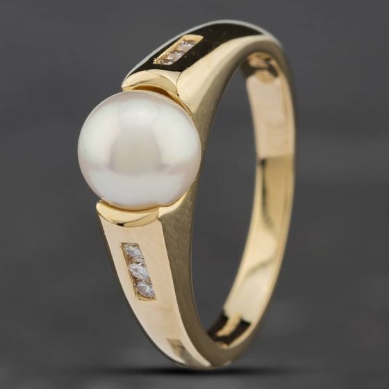Second Hand 14ct Yellow Gold Cultured Pearl & Brilliant Cut Diamond Dress Ring 43441001