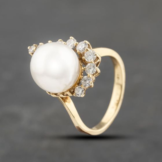 Second Hand 9ct Yellow Gold South Sea Pearl & 0.68ct Brilliant Cut Diamond Graduated Fancy Dress Ring 43441003