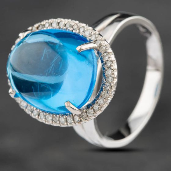 Second Hand 14ct White Gold 2.73ct Blue Topaz & 0.29ct Brilliant Cut Diamond Oval Cluster Ring 4345018