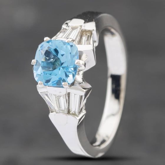 Second Hand 14ct White Gold Blue Topaz & Baguette Cut Diamond Dress Ring 43451011