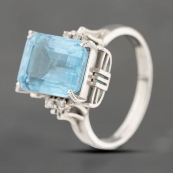 Second Hand Platinum 6.37ct Blue Topaz & 0.06ct Diamond Rectangular Dress Ring 43451015