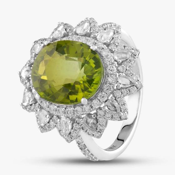 Second Hand 18ct White Gold Green Tourmaline & Diamond Large Oval Cluster Ring 434615640
