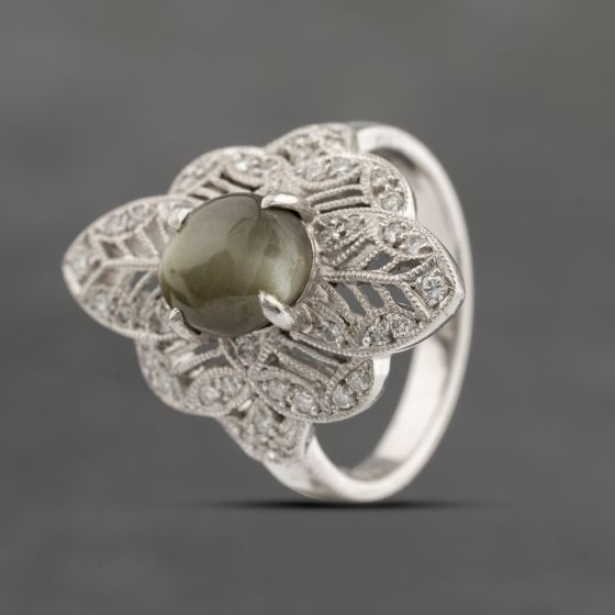 Second Hand Platinum 2.19ct Chrysoberyl Cats Eye & 0.28ct Brilliant Cut Diamond Dress Ring 43511003