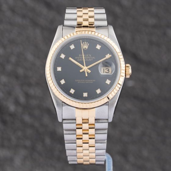 Second Hand Rolex Mens Datejust Diamond Black Bracelet Watch 16233