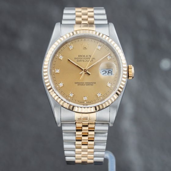 Second Hand Rolex Mens Datejust Gold Dial Two Colour Bracelet Watch 16233