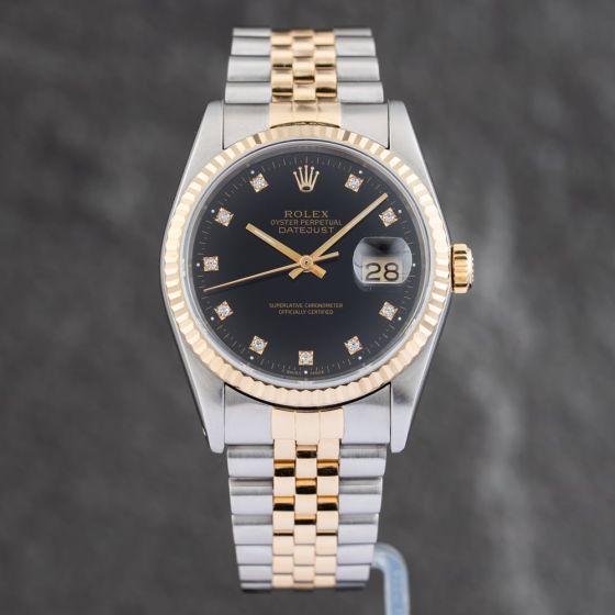 Second Hand Rolex Mens Datejust Black Dial Two Colour Bracelet Watch 16233