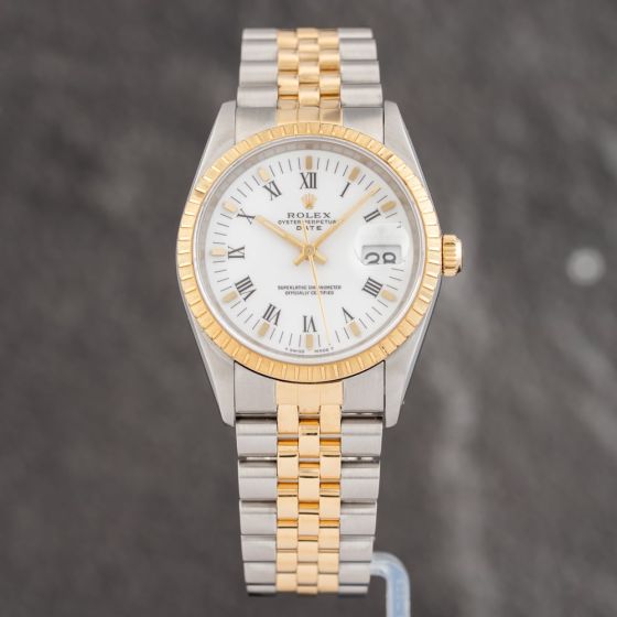 Second Hand Rolex Mens Datejust White Dial Two Colour Bracelet Watch 15223