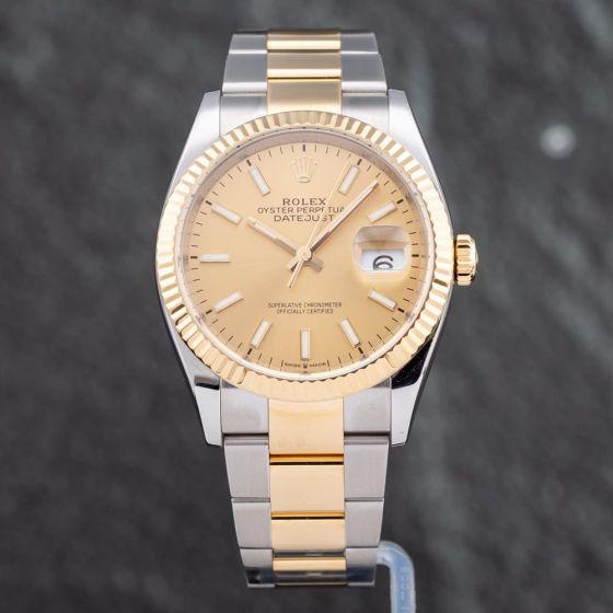 Second Hand Rolex Mens Datejust Gold Dial Silver Bracelet Watch 126233