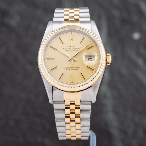 Second Hand Rolex Mens Datejust Gold Dial Silver Bracelet Watch 16233