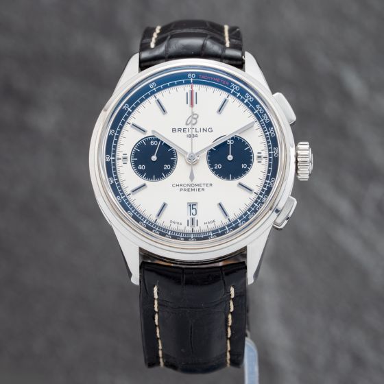 Second Hand Breitling Mens Premier B01 White Leather Strap Watch AB0118221G1P1