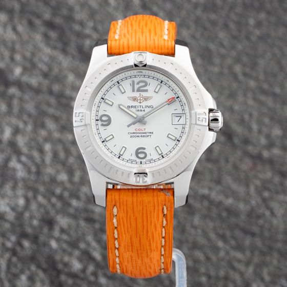 Second Hand Breitling Ladies Colt White Dial Orange Leather Strap Watch A74389