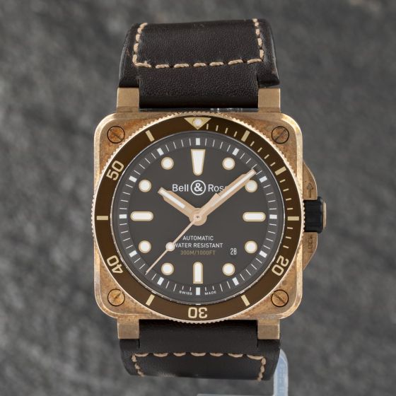 Second Hand Bell & Ross Mens Limited Edition Diver Bronze Brown Leather Strap Watch BR 03-92