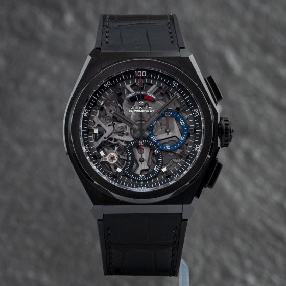 Second Hand ZENITH Mens Defy El Primero Skeleton Dial Black Leather Strap Watch 49.9000.9004/78.R582