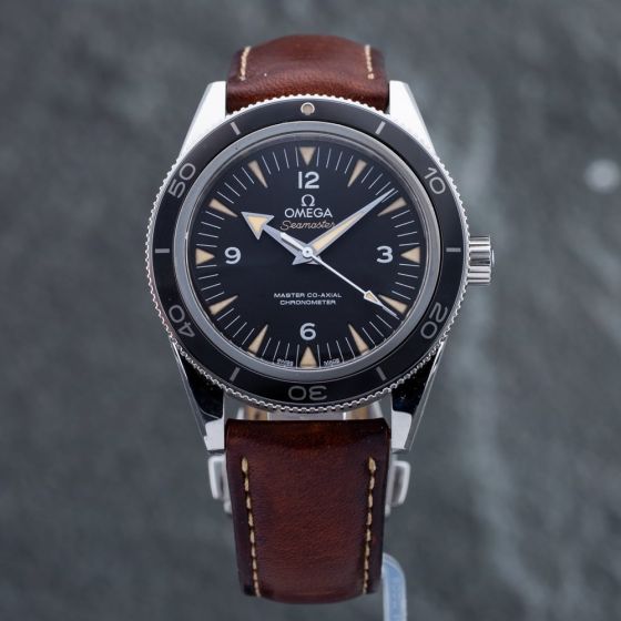 Second Hand OMEGA Mens Seamaster 300 Black Dial Brown Leather Strap Watch 23332412101002
