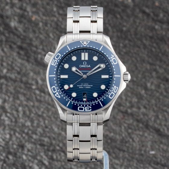 Second Hand OMEGA Mens Seamaster Blue Dial Silver Bracelet Watch 21030422003001