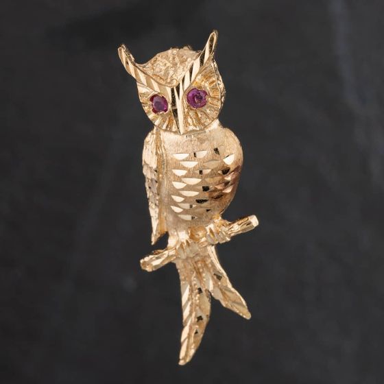 Second Hand 9ct Yellow Gold Ruby Eyed Owl Brooch 4513001