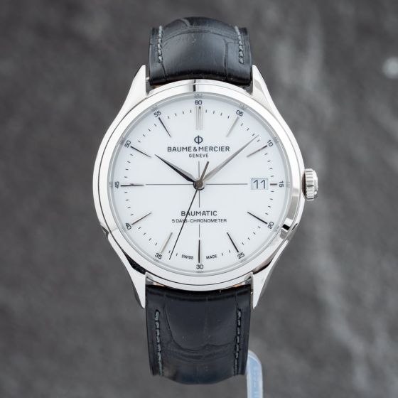 Second Hand Baume & Mercier Mens Clifton White Dial Leather Strap Watch 10518