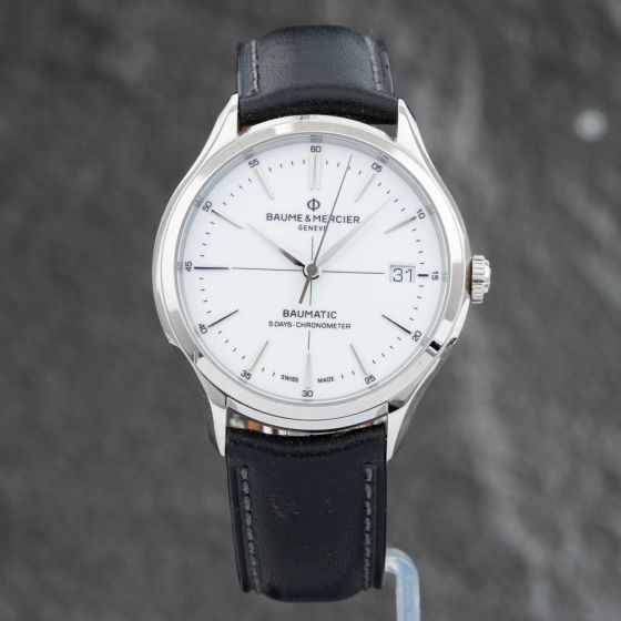 Second Hand Baume & Mercier Mens Clifton White Dial Leather Strap Watch 10569